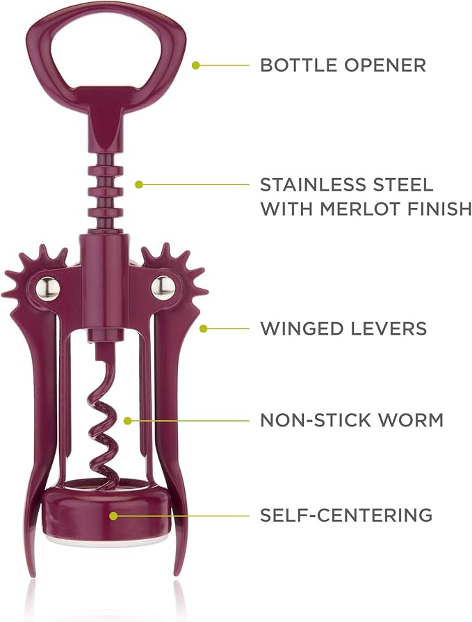 True Soar Merlot Winged Corkscrew, Self Centering Worm, Bottle Opener