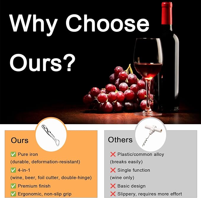 Wine Key for Bartenders, Professional Double Hinged Wine Opener with Foil Cutter, Wine and Beer Bottle Opener for Servers, Stainless Steel Corkscrew