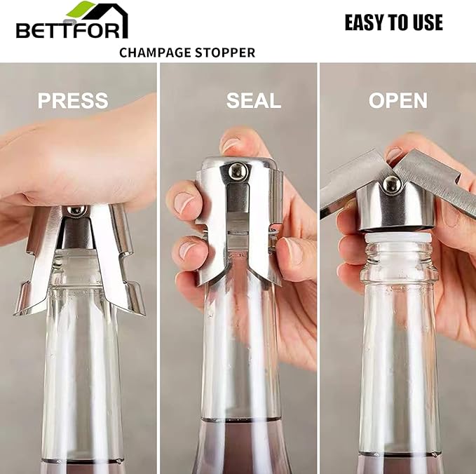 Champagne Stoppers with Stainless Steel Champagne Saver with Food Grade Silicone Leak proof Keep Fresh Suitable for Champagne, Cava, Prosecco and Sparkling (Silver, 3 Pack)