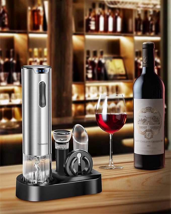 Electric Wine Opener Set With Stand - Premium Wine Gifts with Rechargeable Wine Opener, Foil Cutter, Pourer, Vacuum Stopper, and Elegant Package Box -Gift for Home Party Bar Outdoor