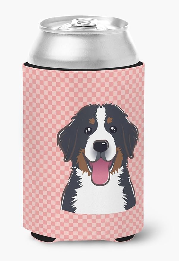 Caroline's Treasures BB1237CC Checkerboard Pink Bernese Mountain Dog Can or Bottle Hugger Cooler Washable Drink Sleeve Collapsible Beverage Insulated Holder, Can Hugger, Multicolor