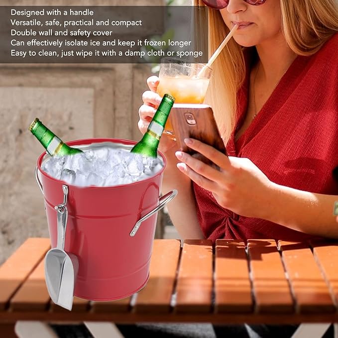 Round Ice Bucket with Ice Shovel, Bar Ice Tub Beer Chiller Bin, Double Wall Galvanized Sheet and Plastic Wine Storage Tub with Handle and Lid for Home Bar Party Use (Red)