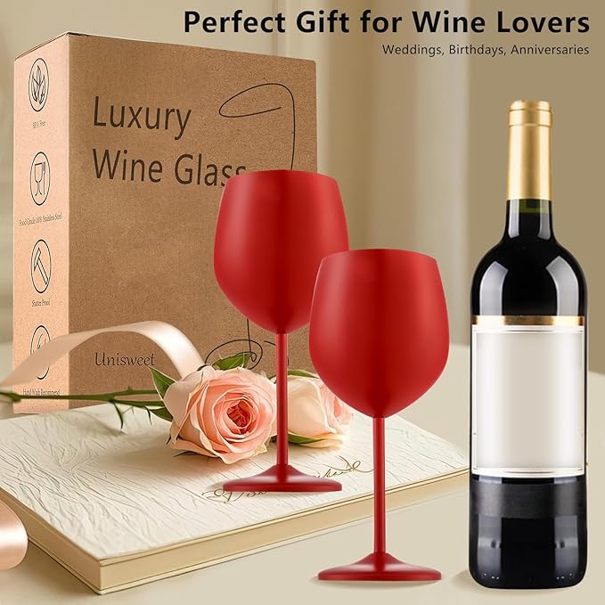 Stainless Steel Wine Glasses Set of 4 Unbreakable Wine Glass 18 oz Unique Metal Wine Goblets for Outdoor, Travel, Camping, Pool, Ideal Gift for Wine Lovers (Matte-Red)
