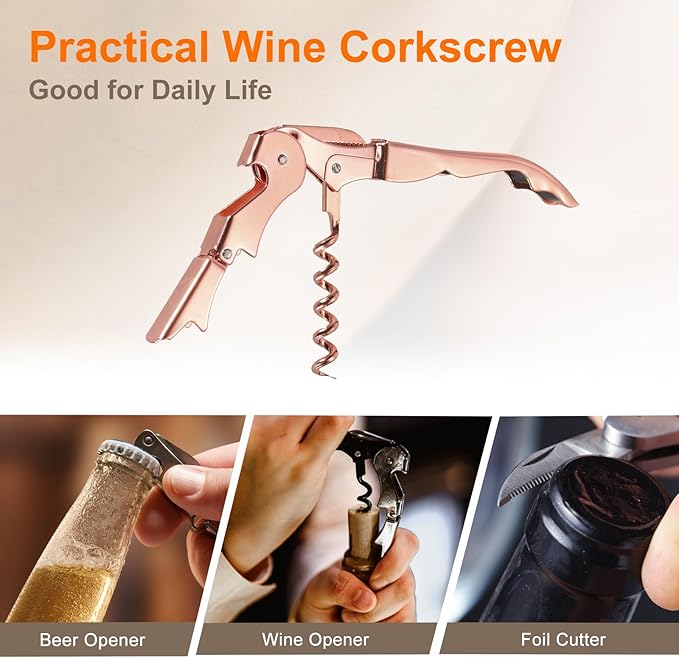 uxcell 4Pcs 5" Wine Openers Waiter Corkscrew Professional Red Wine Bottle Opener Double Hinged with Foil Cutter for Servers Bartender, Rose Gold