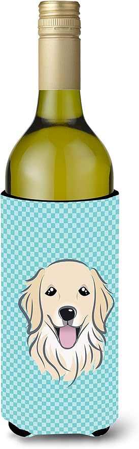 Caroline's Treasures BB1143LITERK Checkerboard Blue Golden Retriever Wine Bottle Hugger Bottle Cooler Sleeve Hugger Machine Washable Collapsible Insulator Beverage Insulated Holder