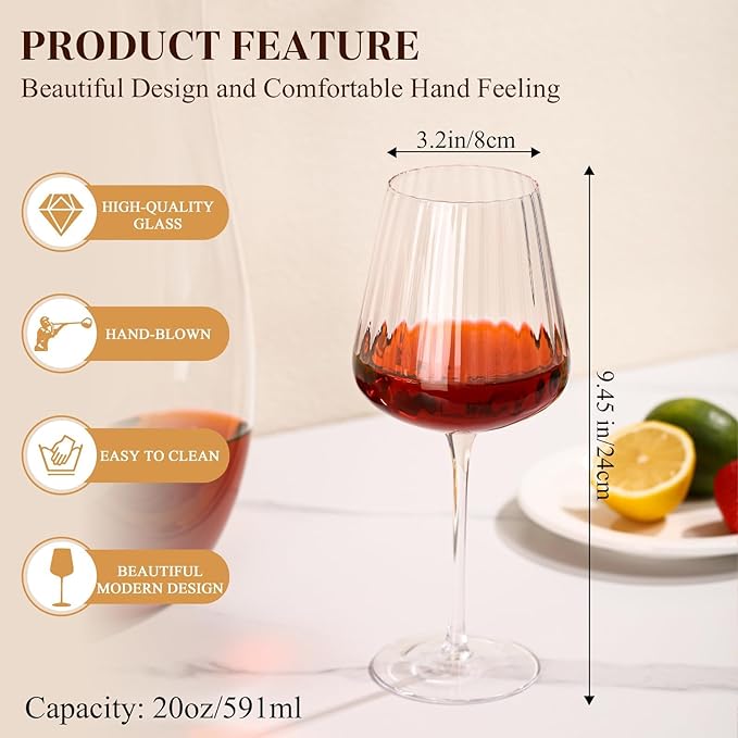 Ribbed Wine Glasses Set of 4-20oz Hand-Blown Fluted Glassware, Lead-Free Crystal Vintage Ripple Texture Red Wine Glasses, Perfect Gifts for Weddings, Birthday, Special Occasions