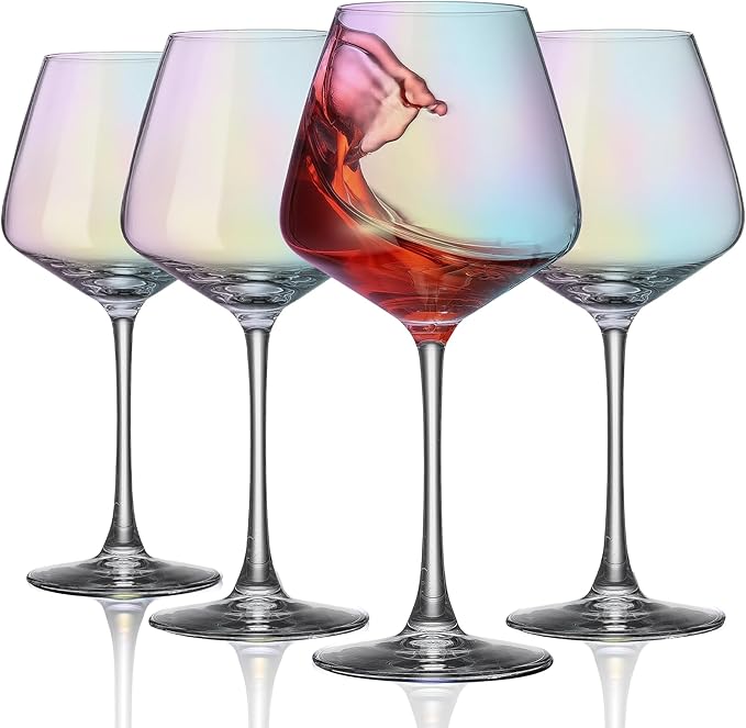 PTSTING Wine Glasses 15.5oz Iridescent Wine Glasses Set of 4 Burgundy Wine Glasses for Wine Tasting, Wedding Gift, Anniversary, Christmas, Birthday
