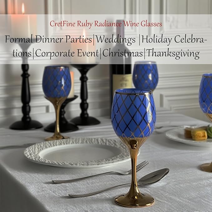 Blue and Gold Gold Wine Glasses Set of 6, Colored Long Stemmed and Rimmed Decorative Fancy Crystal Glassware, Cobalt Goblets for Gifts, Wedding, Festival, Birthday, Thanksgiving, 12oz