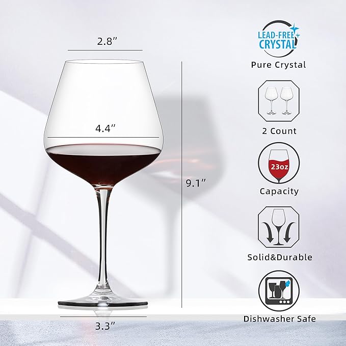 Red Wine Glasses, Set of 2 Crystal Wine Glasses, 23 OZ Burgundy Wine Glasses, Housewarming/Wedding Gifts
