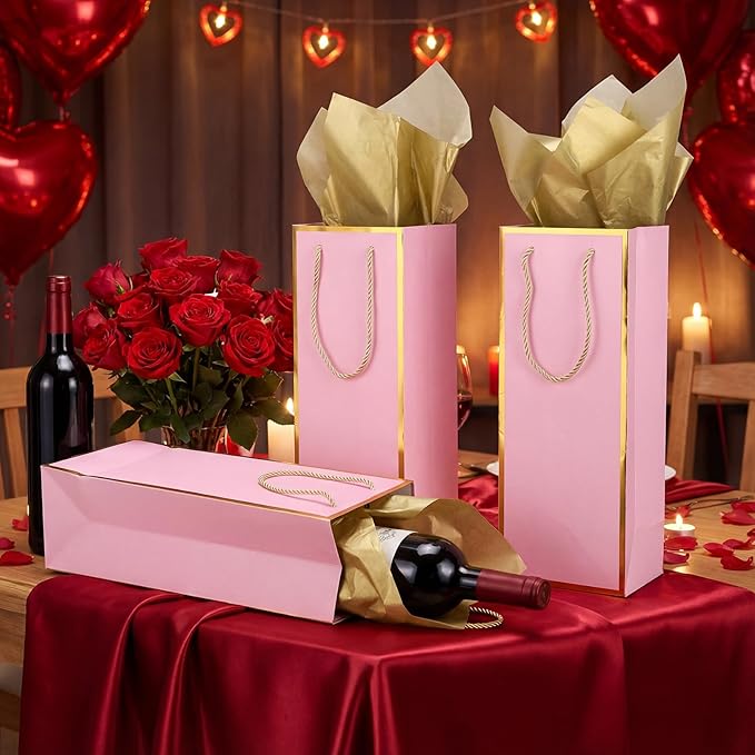 TaoBary 30 Pcs Wine Gift Bags and Gold Wrapping Paper Set Wine Bags for Bottle Bulk 4 x 5 x 13 Inch Champagne Gift Paper Sack with Handles for Valentines Galentines Day Wedding Party Anniversary
