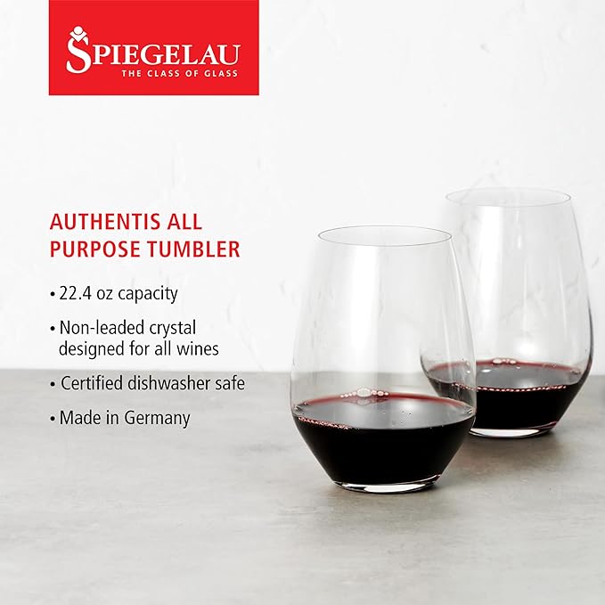 Spiegelau Authentis All Purpose Tumblers, Large Crystal Clear Stemless Glasses for Red and White Wines for Housewarming Gifts, Holiday Celebrations, Picnic, Home Bar, 22.4 oz, Set of 4