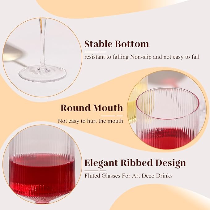 Ribbed Square Wine Glasses Set of 4 – 15oz Hand Blown Ribbed Design Wine Glasses, Unique Vintage Style Drinking Glasses, Red or White Glasses With Long Stem - For Mothers Day, Wedding, Birthday
