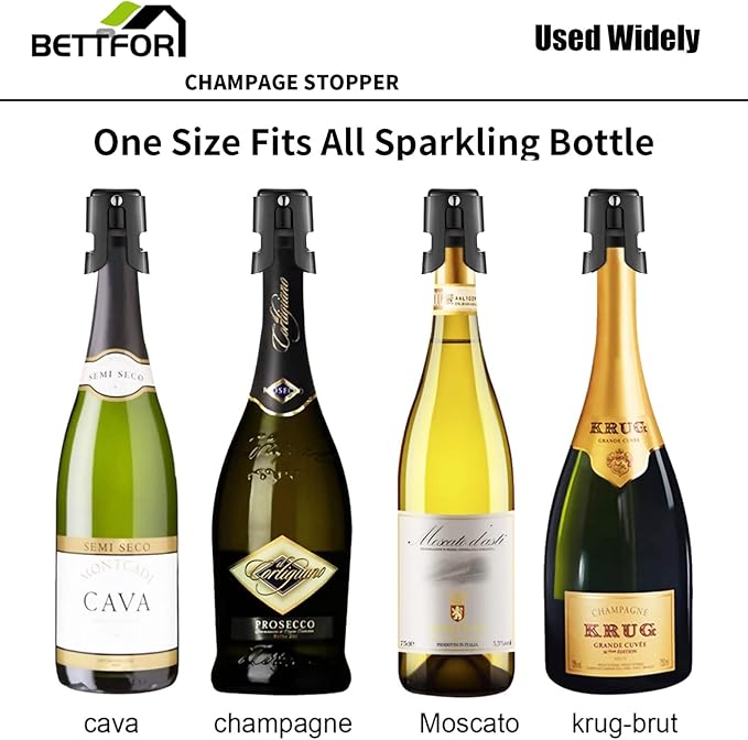 Champagne Stoppers with Stainless Steel Champagne Saver with Food Grade Silicone Leak proof Keep Fresh Suitable for Champagne, Cava, Prosecco and Sparkling(Black, 2 Pack)