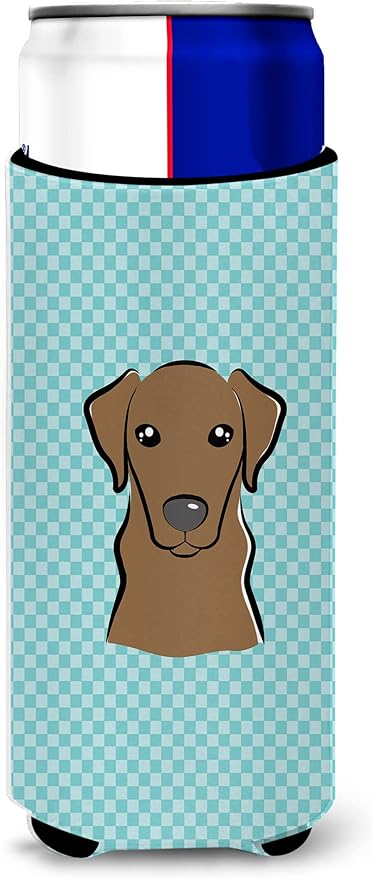 Checkerboard Blue Chocolate Labrador Ultra Beverage Insulators for slim cans