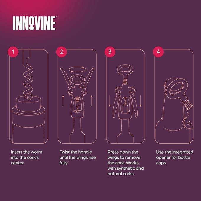 Innovine Winged Corkscrew – Self-Centering Wine Bottle Opener with Ergonomic Wing Levers, Satin Silver and Black Finish, Integrated Bottle Opener, and Durable Construction – Set of 1