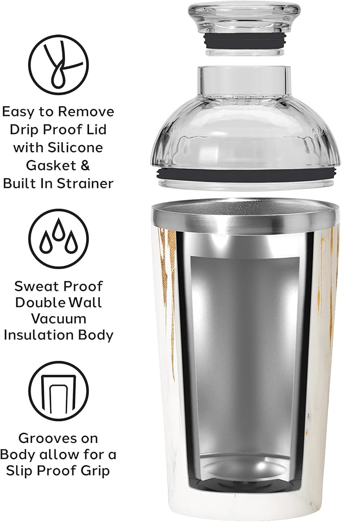 OGGI Groove Insulated Cocktail Shaker-17oz Double Wall Vacuum Insulated Stainless Steel, Tritan Lid has Built In Strainer, Ideal Cocktail Mixer, Martini Shaker, Margarita Shaker, Gold Marble