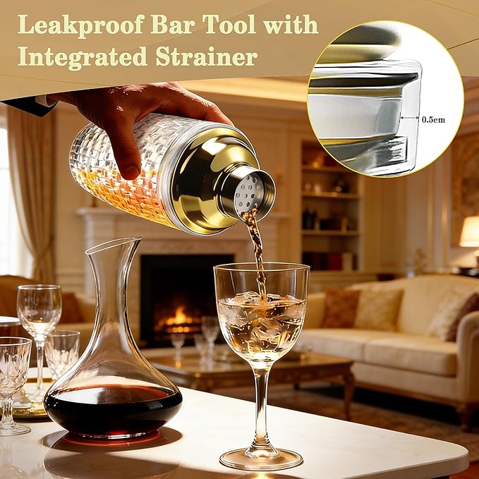 Cocktail Shaker Set - Gold Drink Shaker Bottle with Muddler Professional Martini Shaker Glass for Home Bartender 13.5 Oz Drink Mixer with Measuring Jigger and Built-In Strainer