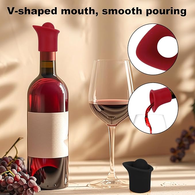 2 Set 2 In 1 Silicone Wine Bottle Stoppers & Pourers, Wine Spout Sealer Preserver Glass Champagne Caps with Vacuum Reusable & Easy to Clean Home Bar Restaurant Accessories(Black, Red)