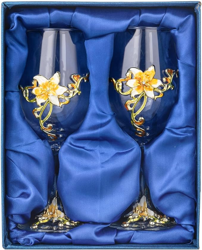 Simcat Handmade Painted Enamel Flower Glass Wine Glasses Transparent Refined Goblet, Stem For Cabernet, Gifts (Double yellow gift box,2 Gift Box)