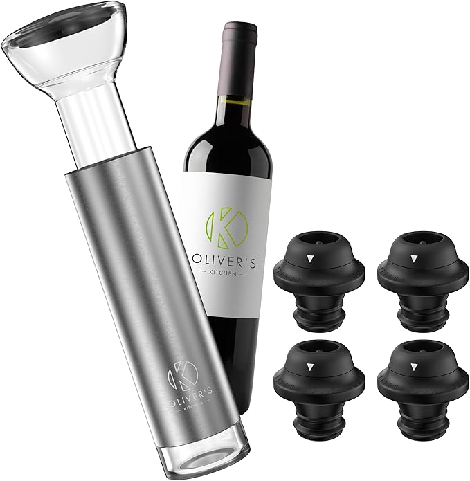 Oliver's Kitchen ® Premium Wine Saver - Vacuum Pump with 4X Wine Stoppers - Wine Stopper Keeps Wine Fresher for Longer - Wine Preserver Perfect for Cork Bottles - Perfect Wine Accessories Gift