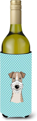 Caroline's Treasures BB1185LITERK Checkerboard Blue Wire Haired Fox Terrier Wine Bottle Hugger Bottle Cooler Sleeve Hugger Machine Washable Collapsible Insulator Beverage Insulated Holder
