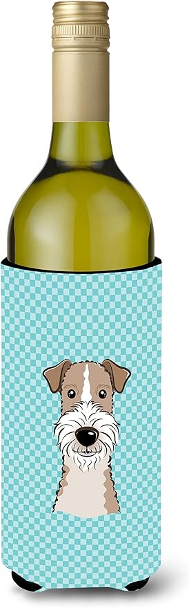 Caroline's Treasures BB1185LITERK Checkerboard Blue Wire Haired Fox Terrier Wine Bottle Hugger Bottle Cooler Sleeve Hugger Machine Washable Collapsible Insulator Beverage Insulated Holder