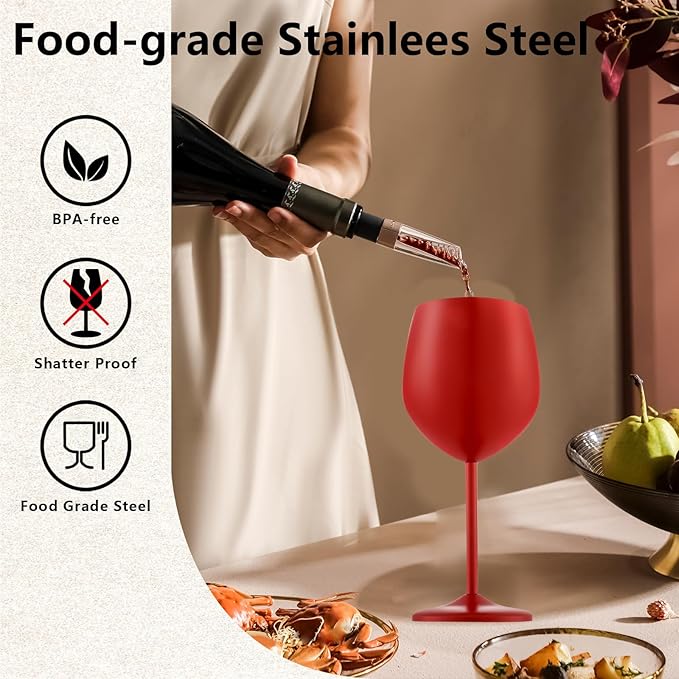 Stainless Steel Wine Glasses Set of 4 Unbreakable Wine Glass 18 oz Unique Metal Wine Goblets for Outdoor, Travel, Camping, Pool, Ideal Gift for Wine Lovers (Matte-Red)