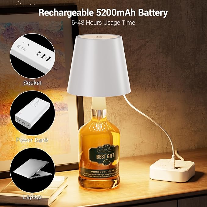 Wireless Bottle Lamp, Wireless Bottle Lamp Shade with 3 Color Temperature, Rechargeable Stepless Dimming LED Wine Bottle Lights for Any Bottle, Desk Lamp for Bedroom Restaurant Bar - Apricot