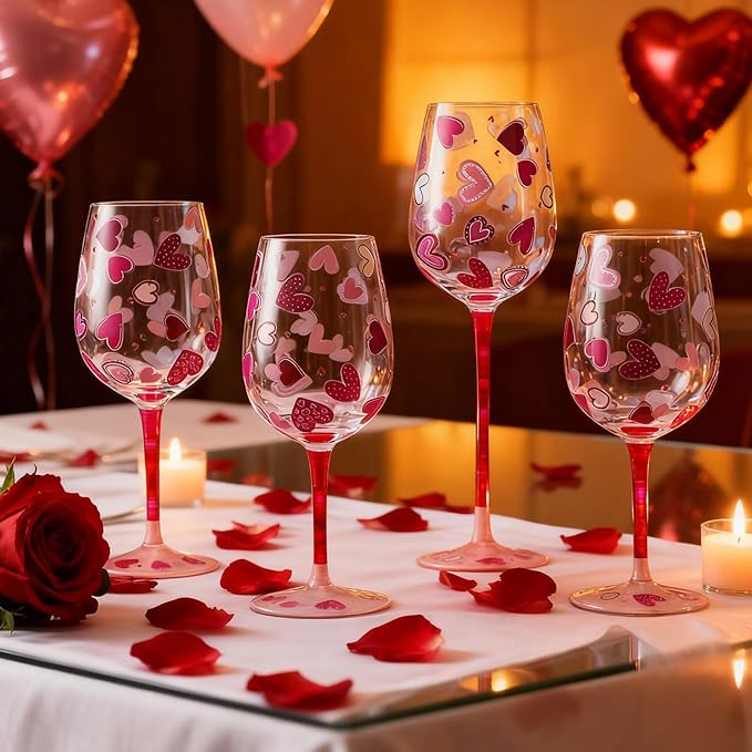 SiliFine 4 Pcs Valentine's Day Party Stemmed Wine Glasses Hand Painted Drinking Cup Wine Glasses for Birthday Theme Holiday Party Supply