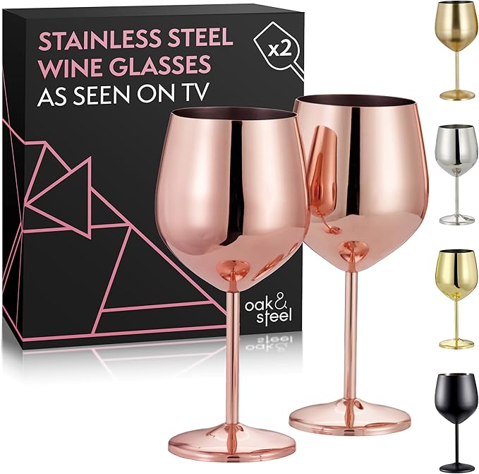 Oak & Steel - 2 Rose Gold Stainless Steel Wine Glasses (18 Oz) Unbreakable Metal Wine Glasses, Wine Goblets with Gift Box for House Warming, Valentines, Anniversary