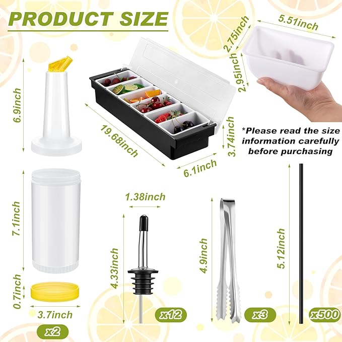 Mifoci Bartending Supplies 6 Compartments Garnish Tray with Lid Bar Caddy 3 Tier Glass Rimmer Stainless Steel Bottle Pourers Juice Pouring Cocktail Tools Plastic Serving Accessories
