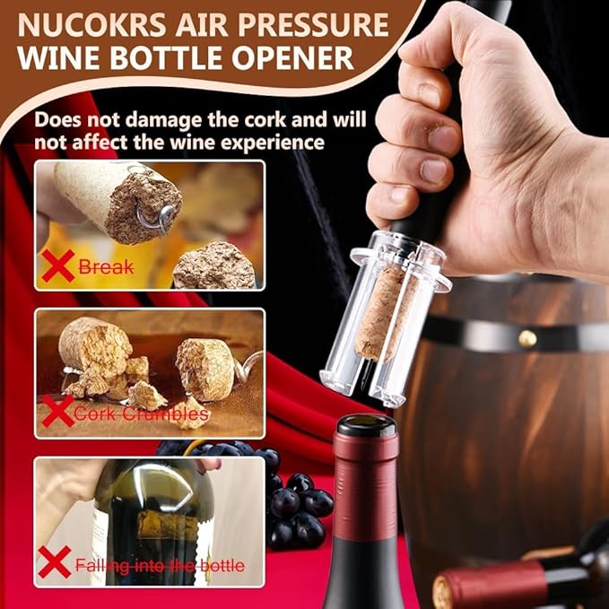 Air Pressure Wine Bottle Opener and Wine Pourer 2 Pieces Set - NUCOKRS Pump Corkscrew, Effortlessly Opens Bottles in 3-7 Pumps, No Electricity, Easy to Use, Gift for Wine Lovers