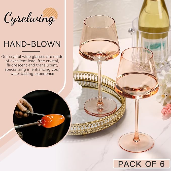 Light peach orange Wine Glasses Set of 6,18oz Blush Pink Wine Glassware Gift Set-Pale peach Hand Blown light peachy-orange Glass Drinkware for Red White Wine