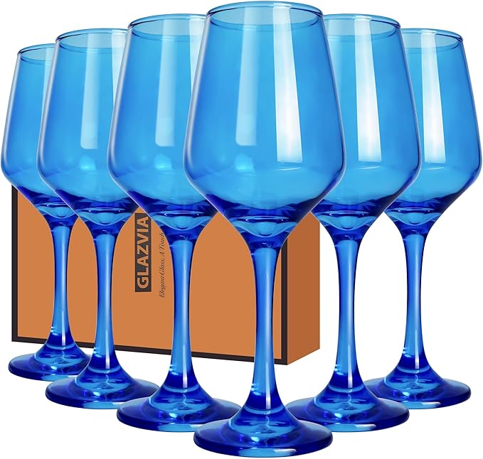 Blue Wine Glasses Set of 6, 14oz Stemmed Glasses, Thick & Colored, Dishwasher Safe Stemware for Red or White, Gift for Party, Holiday, Anniversary, Restaurant, Home Bar, Daily Use