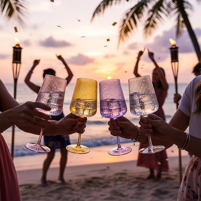 Hand Blown Ribbed Wine Glasses with stem, Lead-Free Crystal Glasses, Luxury Gift, Set of 4, Unique, 18oz Premium Wine Goblet, Large capacity, Fluted Design (Summer Colored)