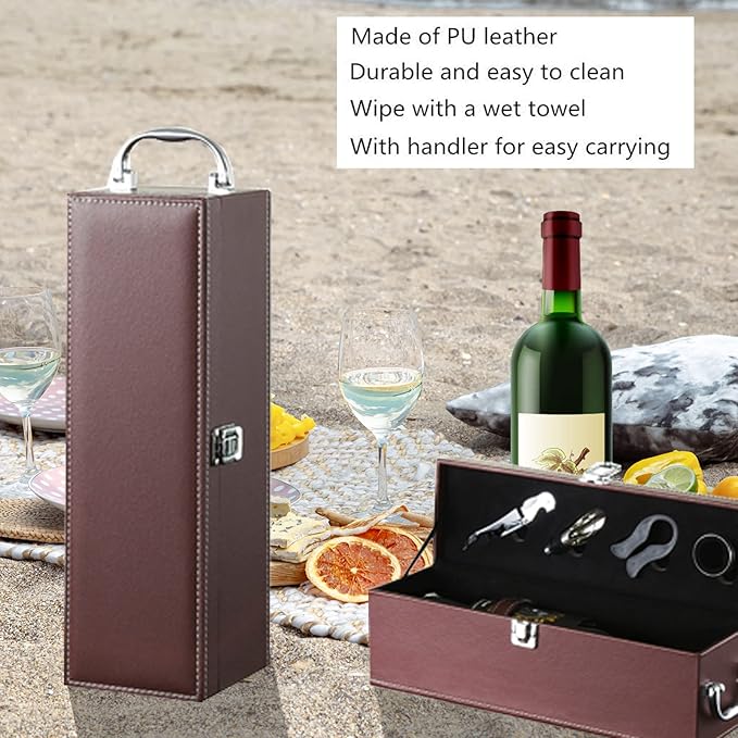 Bottle Wine Carrier,Leather Wine Gift Boxes,for Wedding, Anniversary,Travel, Restaurant, Party, Gifts for Wine Lovers, Storage Box for Home Bar Wine Collection With 4pcs Wine Accessories Set（brown）