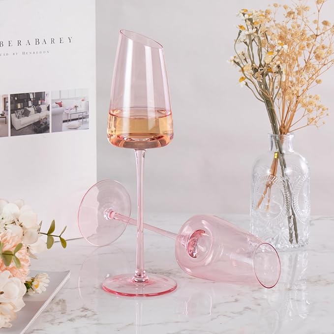 KAMMAK Wine Glasses Set of 2, 7.44 oz Hand Blown Crystal Bordeaux Wine Glasses, Thin Rim & Long Stem, Perfect for Red & White, Daily Use, Wedding or Birthday Gift with Gift Box, XH-H260 Pink