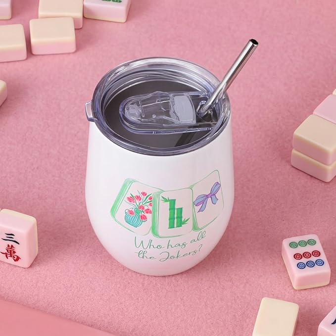 Patelai 4 Pack 12 oz Mahjong Tumbler Set with Tiles Print, Mah Jong Stainless Steel Glasses with Lid Insulated Tumblers, Accessories Gifts for Mahjong Game Birthday Party Gifts