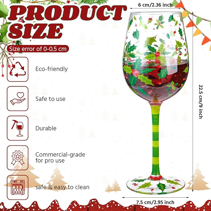 SiliFine 4 Pcs Christmas Holly Berry Party Stemmed Wine Glasses Hand Painted Drinking Cup Wine Glasses Gifts for Birthday Theme Holiday Party Supplies