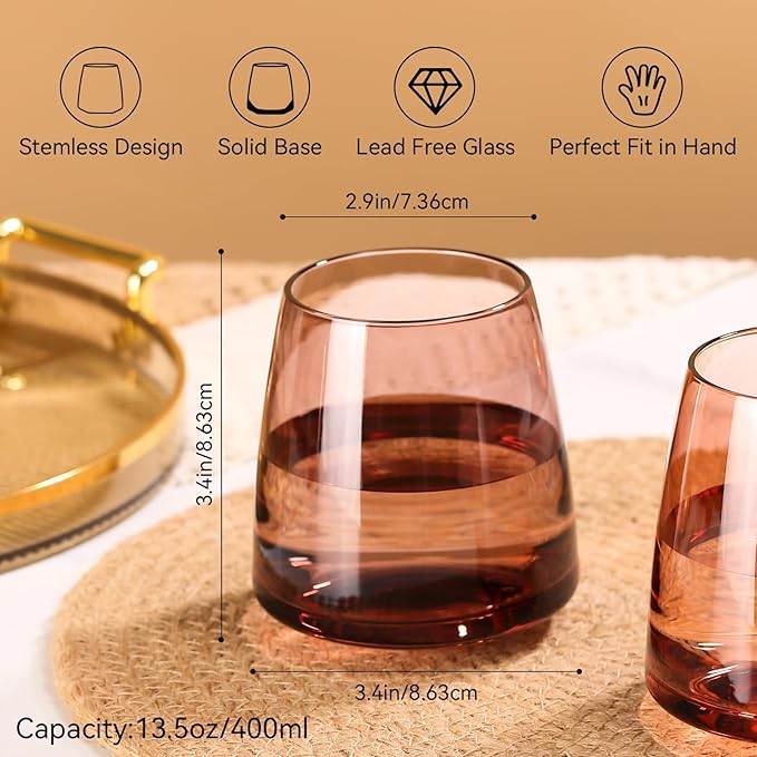 Melanin stemless wine Glasses Set of 6 Brown stemless wine glasses for Wine water,whiskies, juices, cocktails,Unique Gifts for Mother day Birthday Wedding Party
