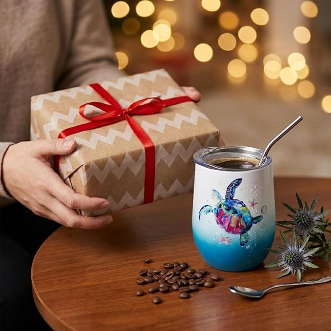 Sea Turtle Insulated Wine Tumbler for Women, Birthday Gift for Sea Turtle Lovers, 12 oz Stainless Steel Beach Wine Glass Mug Cup with Lid and Straw, Ocean Beach Gifts for Mom Best Friends Coworker