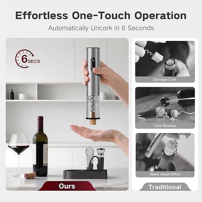 6-in-1 Electric Wine Opener Gift Set, BABONIR Stainless Steel USB-C Rechargeable Automatic Wine Bottle Opener, Foil Cutter, Vacuum Stopper, Wine Aerator Pourer, Bottle Opener Wine Gifts for Women