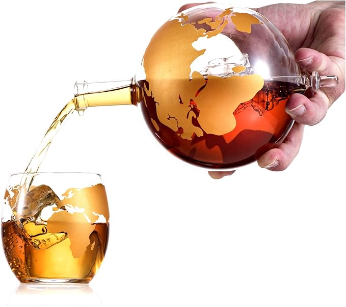 Whiskey Decanter Globe Gift Set - Rich Base Tray - Gold Whiskey Dispenser Airtight Stopper for Wine, Bourbon, Brandy, Juice, Water - Decanter Sets For Men Christmas Gifts for Dad Boyfriend Husband Him