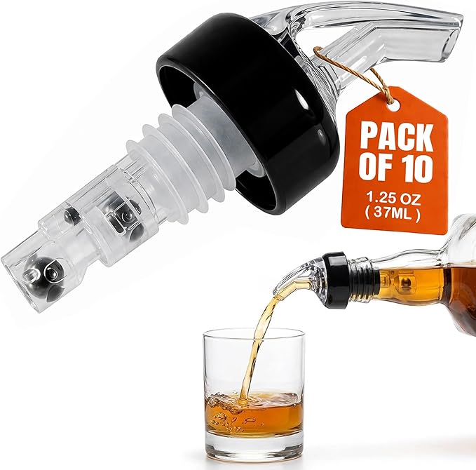 Measured Pourer - Liquor Bottle Pourers - Collared -(10pk) Made 100% In The USA. Bar Spouts That Don't Leak - No Cracks, Just A Perfect Cocktail Pour Everytime. Great for Wine Too!(1.25)