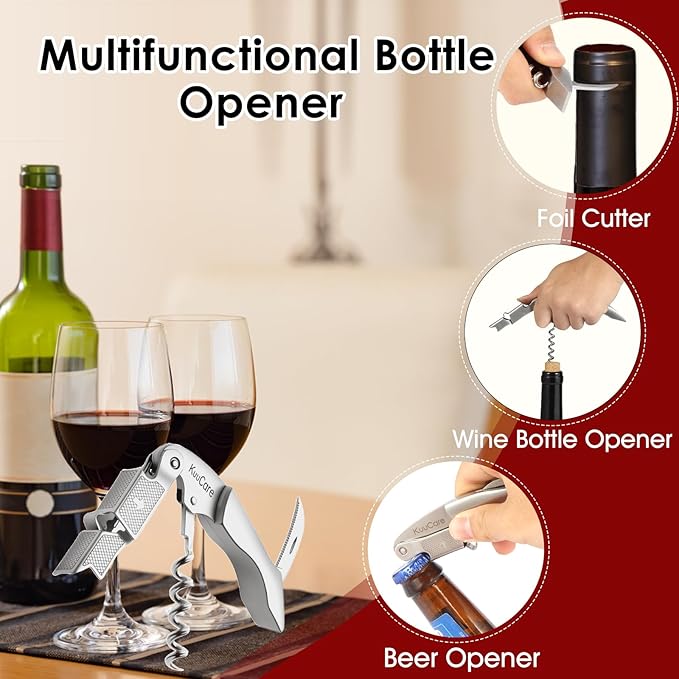 Wine Opener Waiter Corkscrew, Premium 420 Stainless Steel Wine Bottle Opener with Foil Cutter & Cap Remover, Double Hinged Manual Wine Key for Bartenders, Servers, Waiters and Home Use, Silver