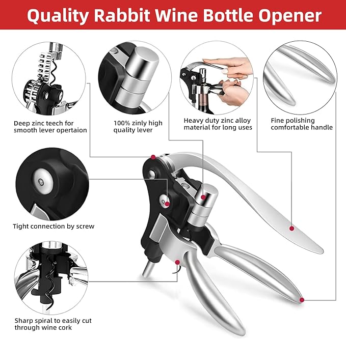 Rabbit Wine Opener Set, Wine Accessories with Wooden Gift Box – Wine Gift for Wine Lovers (S288-SIL-9)