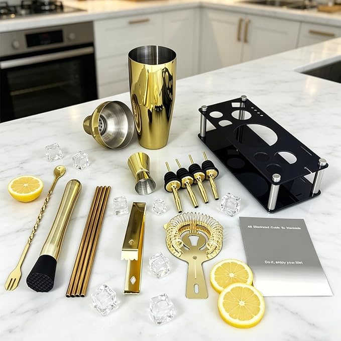 14-Piece Cocktail Shaker Set with Stand, Bartender Kit, 25oz Shakers, Bar Set Cocktail Shaker Set, Jigger for Bartending Kit, Drink Mixer Set, Cocktail Set Recipes Booklet Home, Bar, Party (Gold)