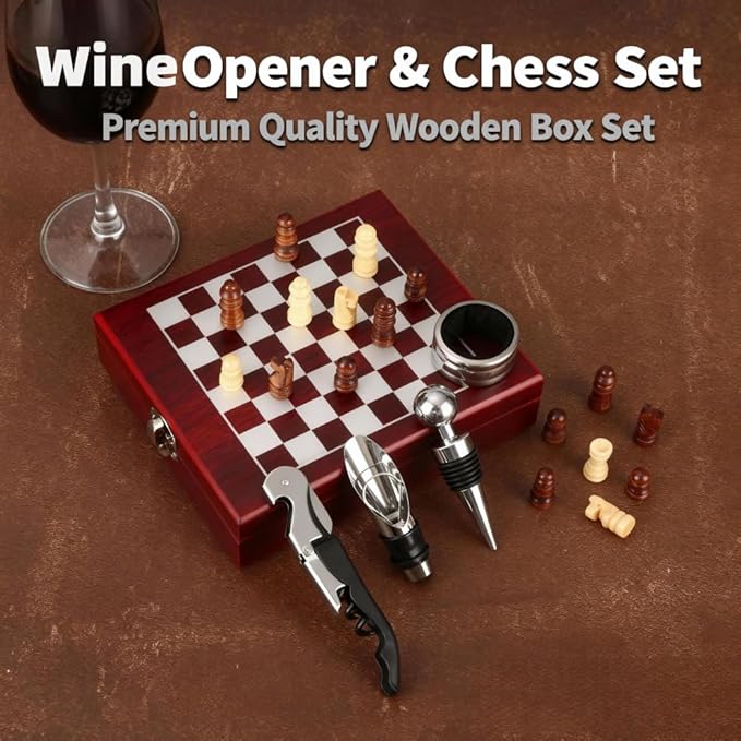 Wine Opener Gift Set with Chess Board, 5 in 1 Elegant Wine Accessories Kit with Waiter's Corkscrew, Pourer, Stopper & Foil Cutter, Unique Gifts for Wine Lovers & Hosts