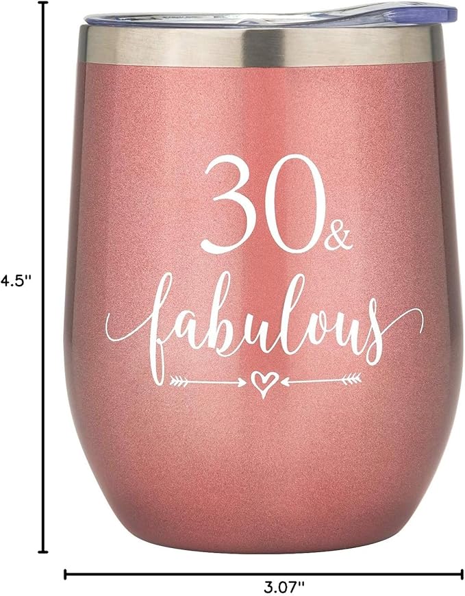 Crisky Rose Gold 30 & Fabulous Wine Tumbler for Women 30th Birthday Gifts for Women, Wife, Mom, Sister, Aunt, Friends, Coworker Her, Vacuum Insulated Coffee Cup,12oz with Box, Lid, Straw