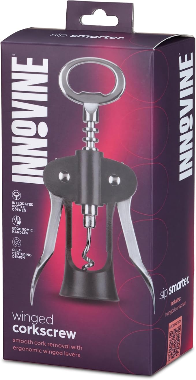 Innovine Winged Corkscrew – Self-Centering Wine Bottle Opener with Ergonomic Wing Levers, Satin Silver and Black Finish, Integrated Bottle Opener, and Durable Construction – Set of 1